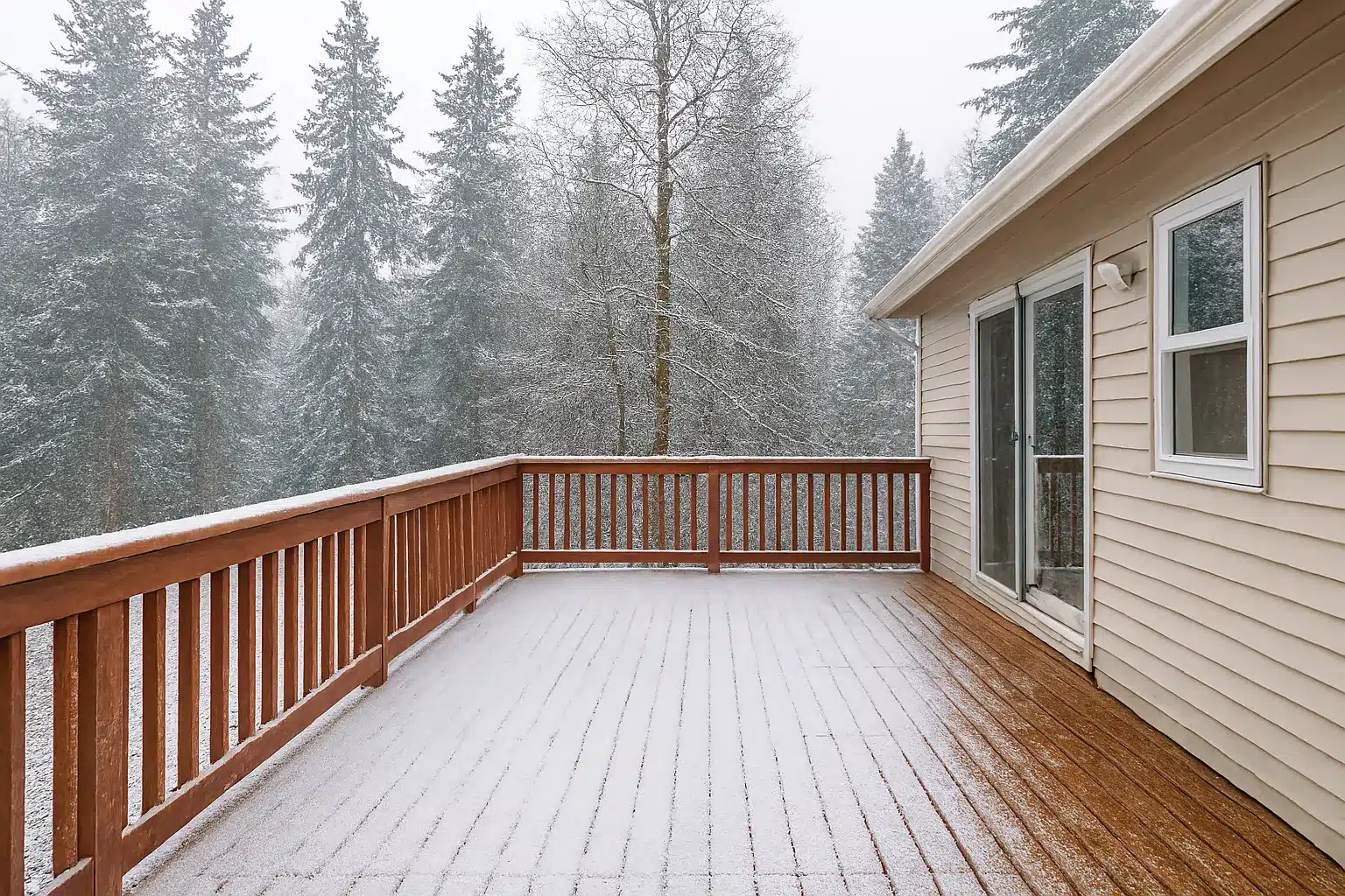 Snow-covered residential deck in winter conditions