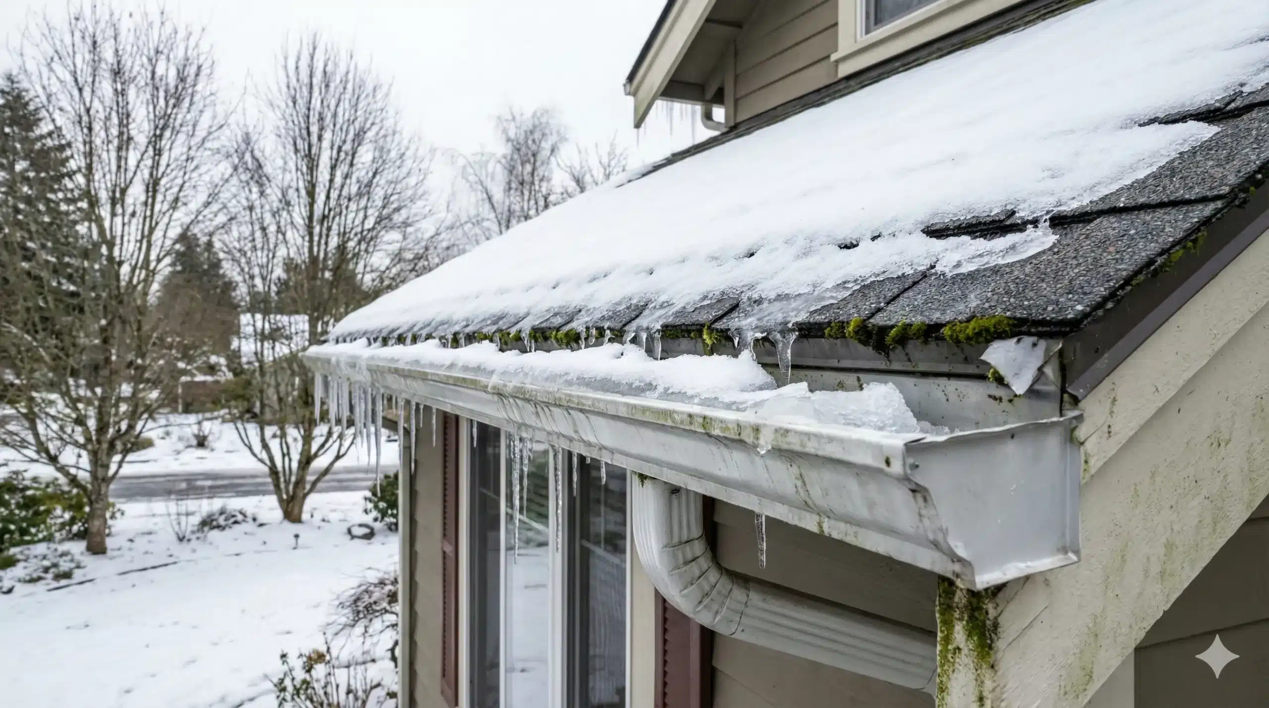 Snow-covered roof and gutter system with visible winter debris and moisture buildup
