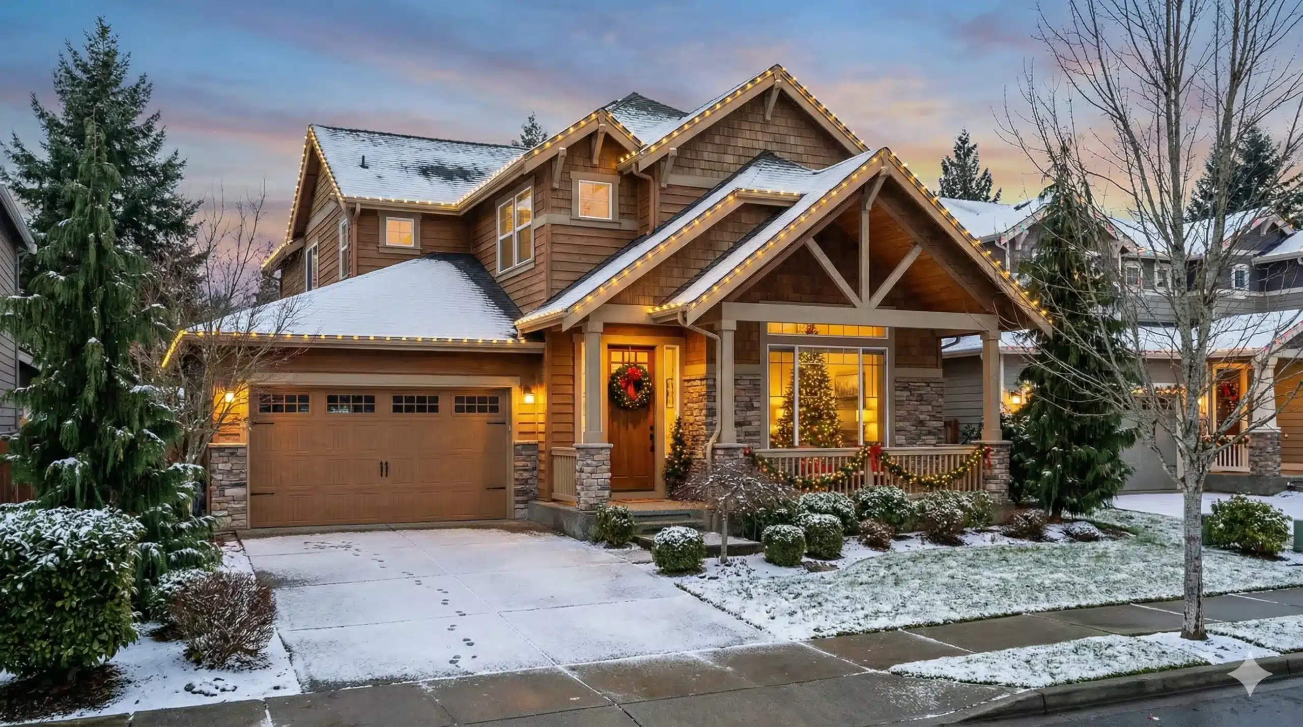 Snow-dusted home exterior with clean siding, driveway, and walkways